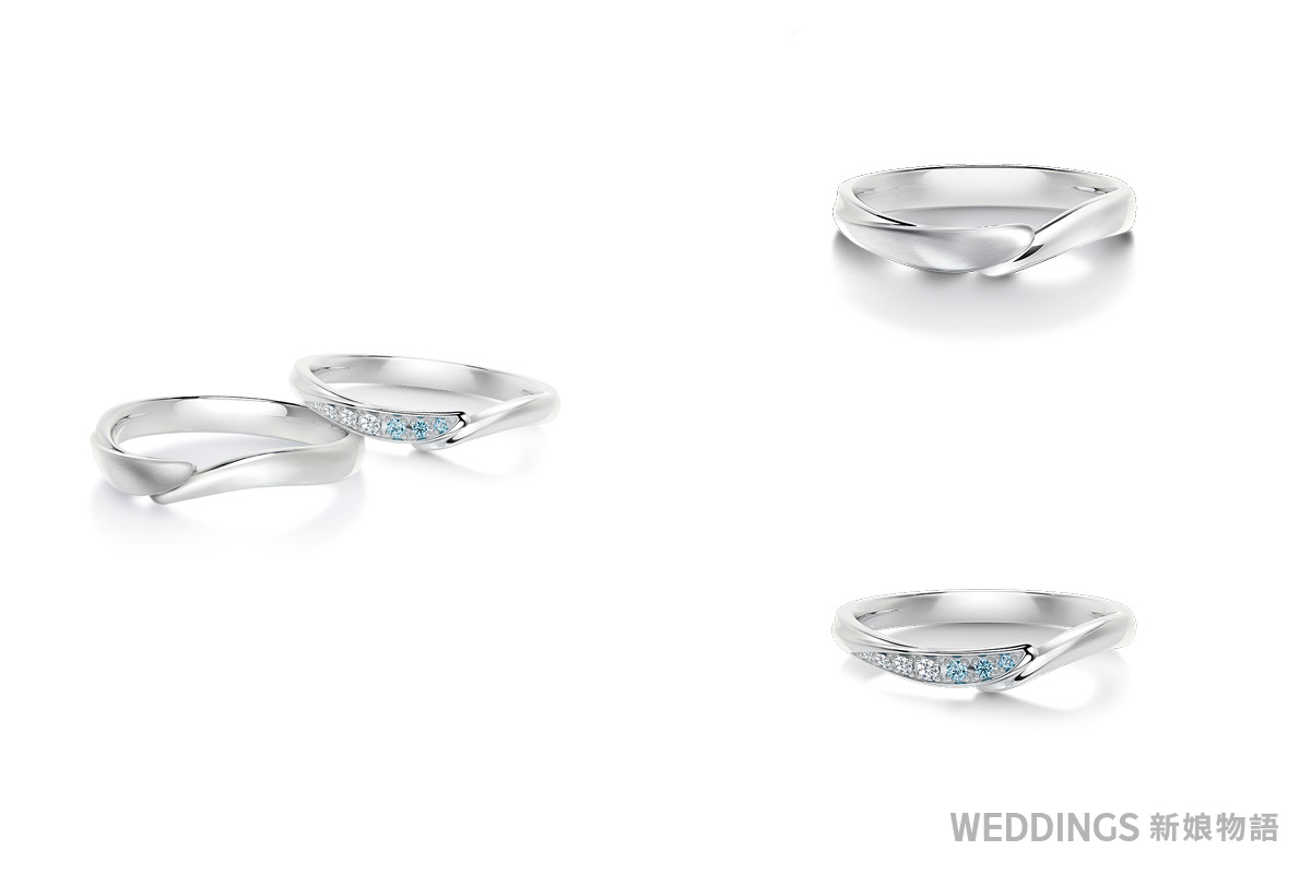 ALUXE 亞立詩戀人系列 RBG0011 結婚對戒｜微 V 流線戒身搭配白鑽與藍鑽排鑽的修飾手型設計 